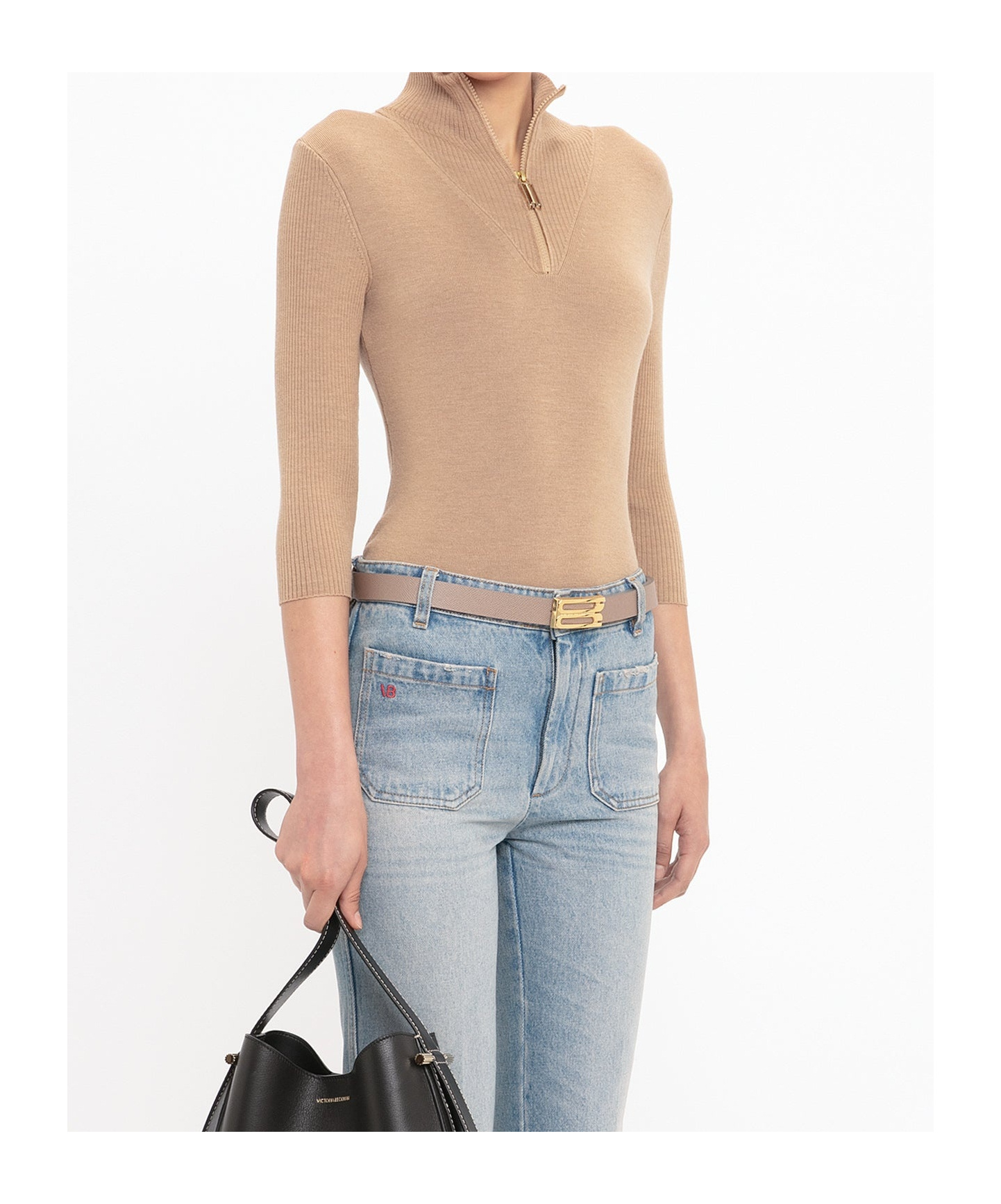 Shop Victoria Beckham Half-zip Knitted Top In Nude
