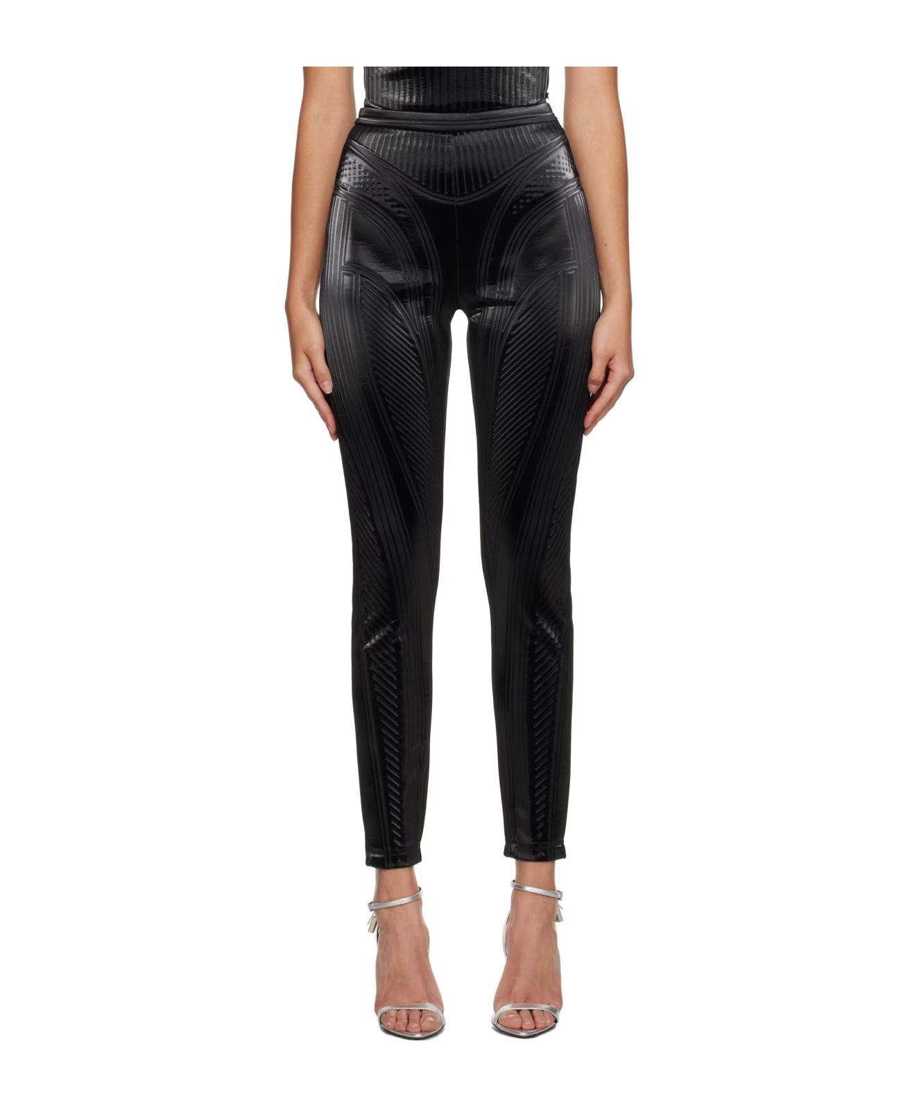 Mugler Stripe-embossed High-waisted Leggings In Black