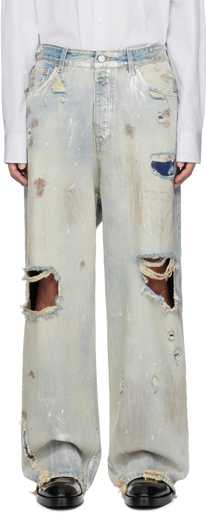 Vetements Blue Trashed Baggy Jeans In White