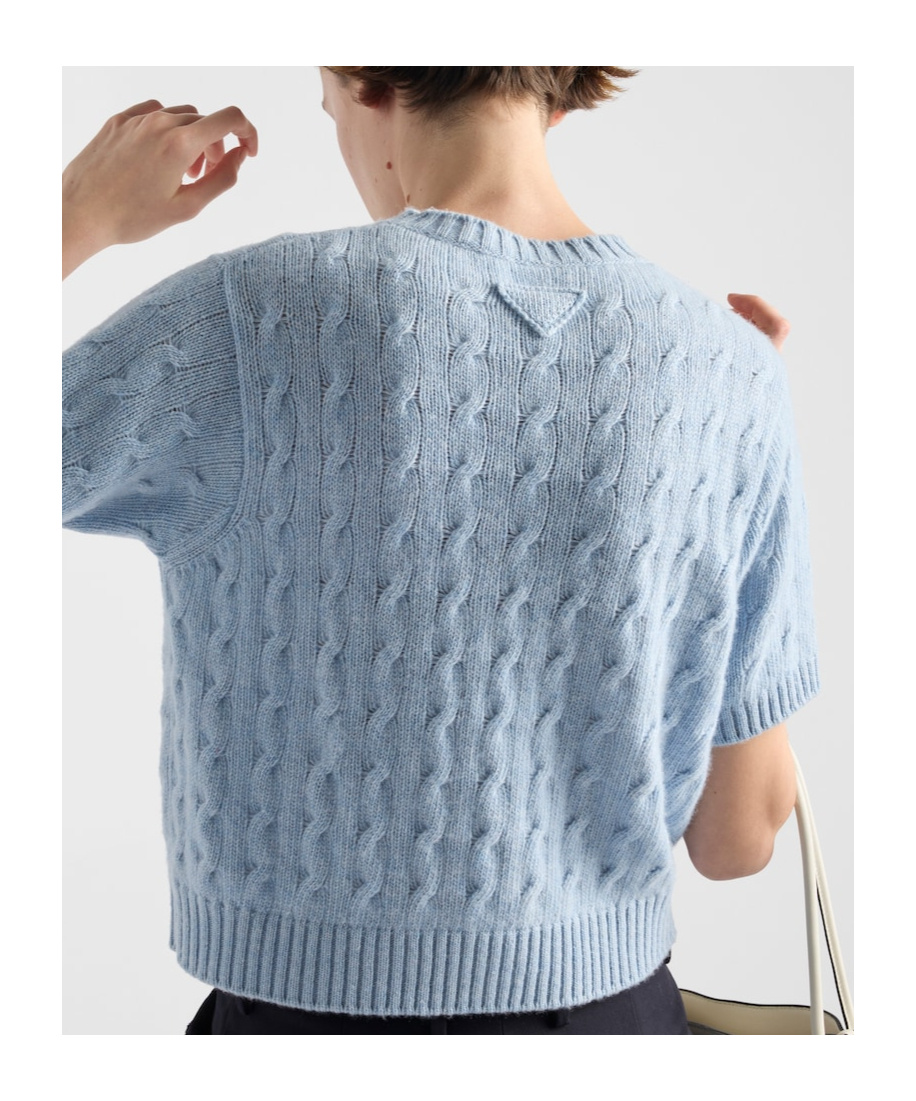 Prada Cable Knit Crew Neck Short Sleeve Sweater In Blue