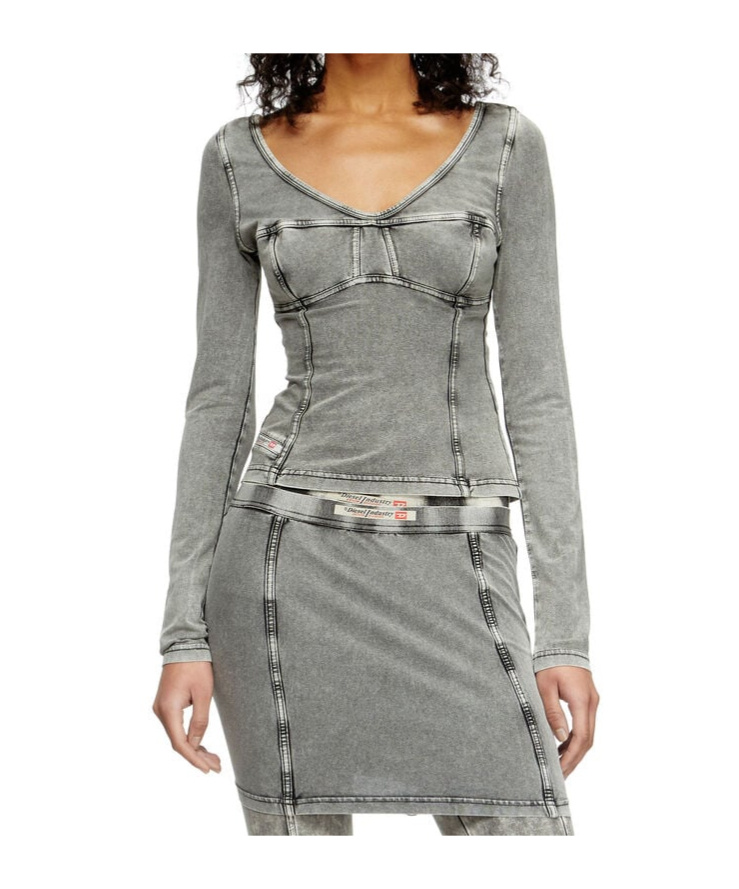 Diesel T-elin Long-sleeve Top With Denim Effect In Grey