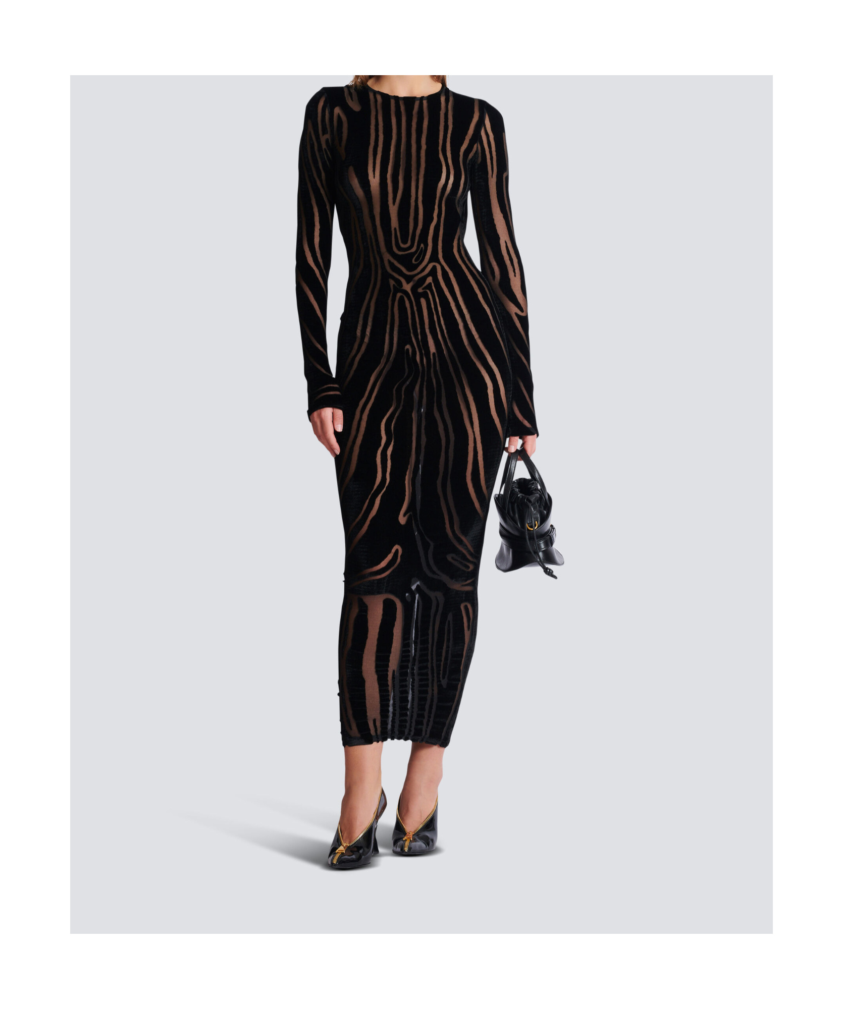 Balmain Long Sleeve Zebra Print Bodycon Dress In Black