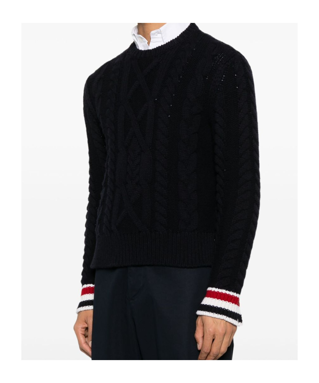 Thom Browne Rwb-stripe Cable-knit Sweater In Black