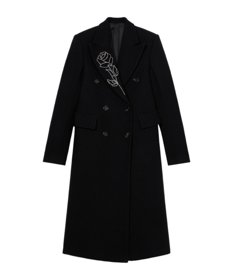 Blumarine Double-breasted Floral-embroidered Coat In Black
