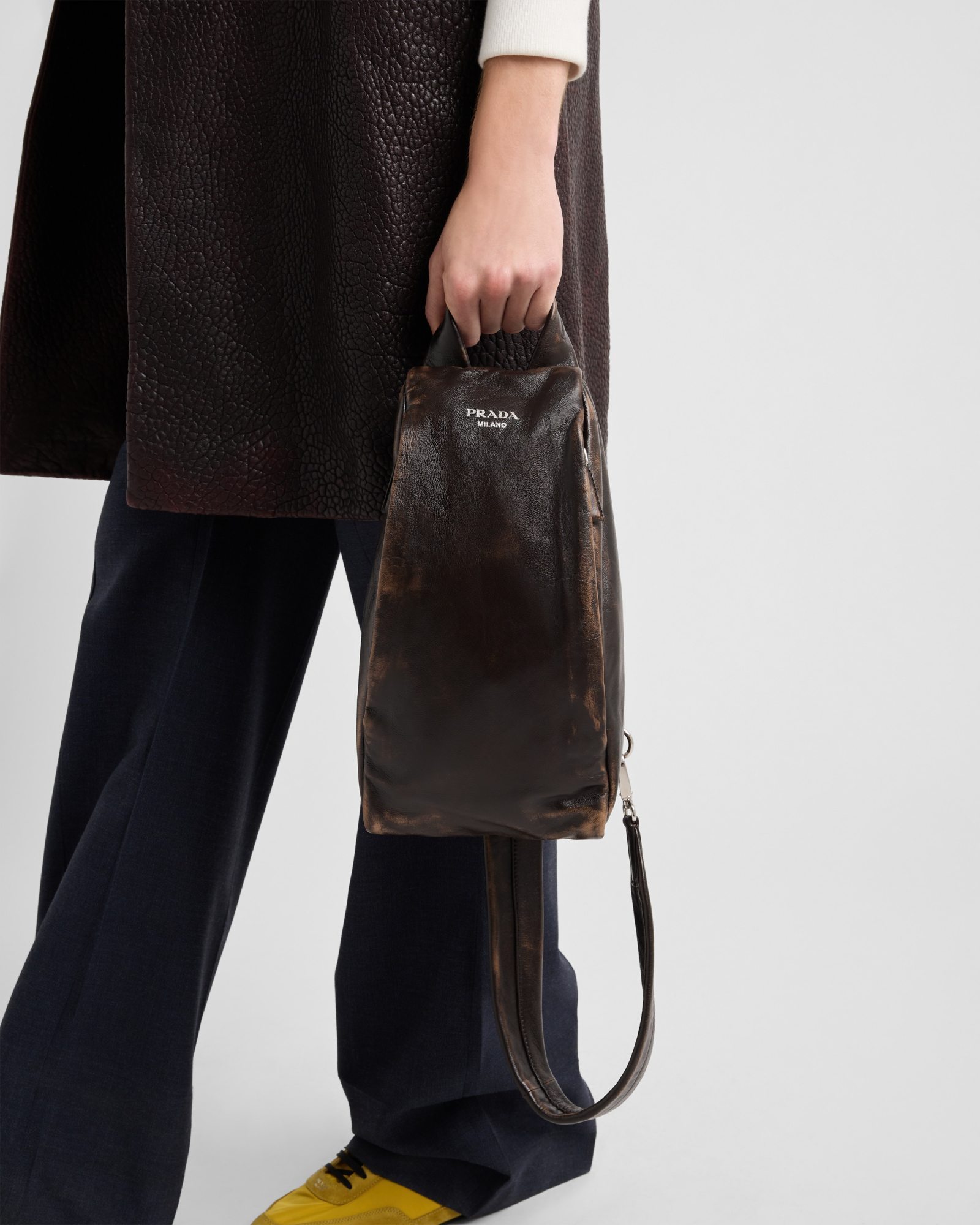 Prada Structured Leather Backpack With Logo Zipper Closure In Dark Brown