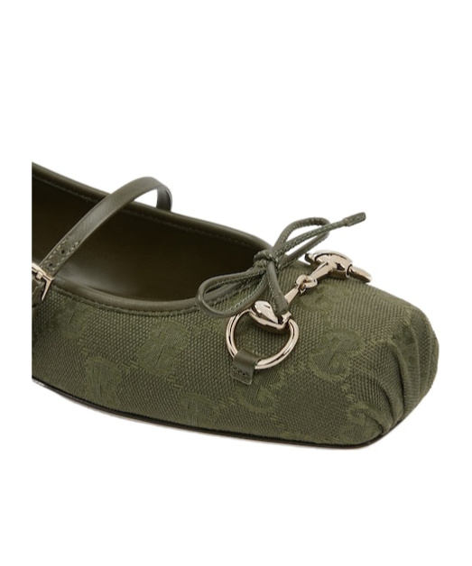 Gucci Canvas Gg Horsebit Ballerina Flats In Green