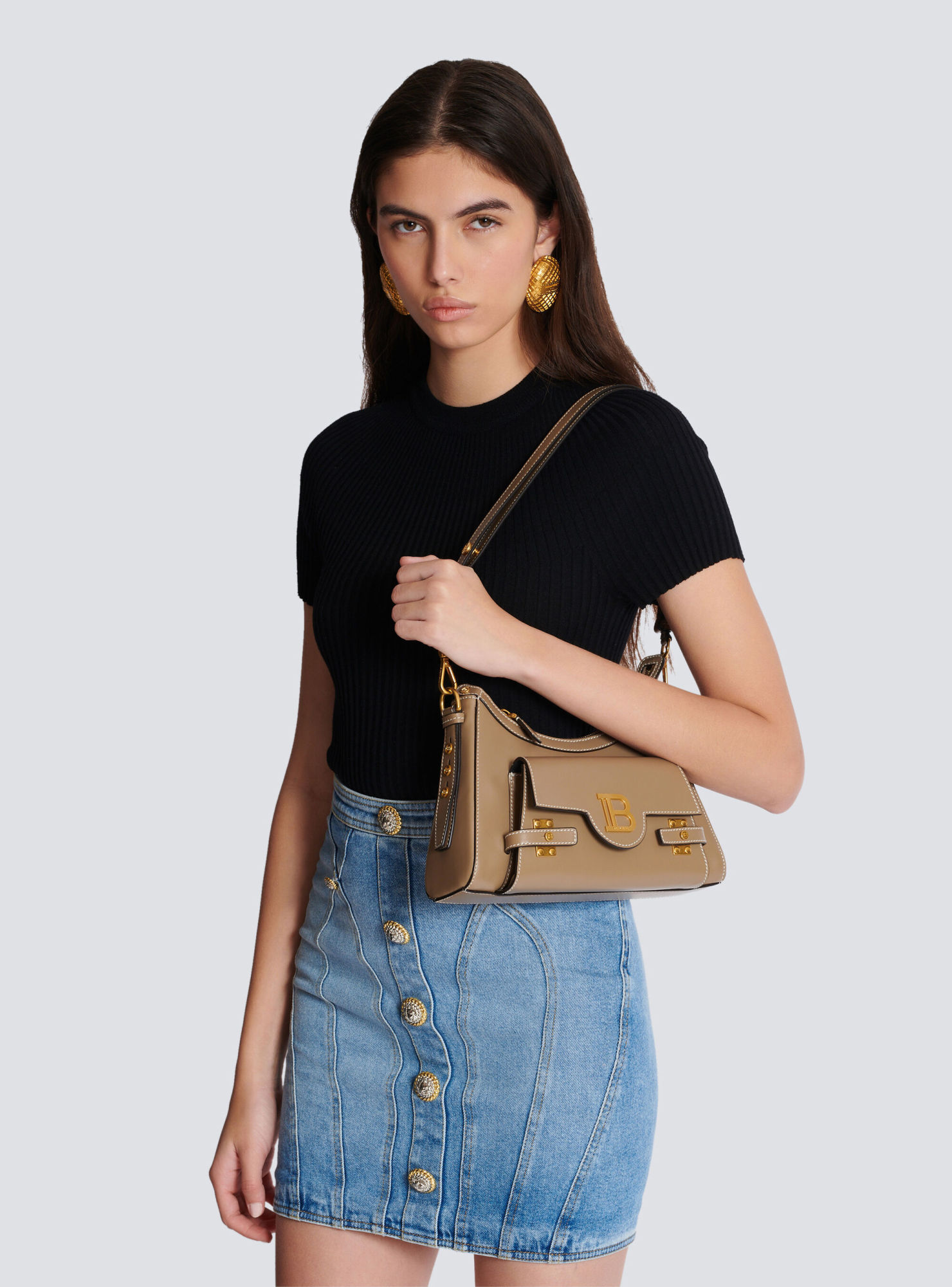 Shop Balmain Calfskin B-buzz Hobo Bag In Nude