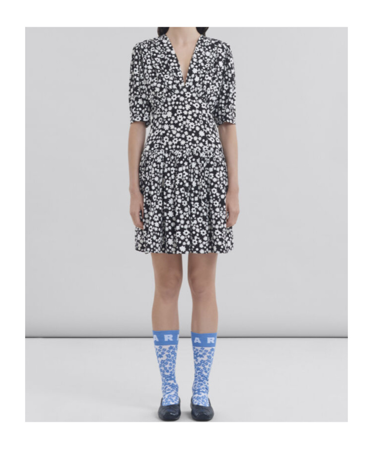 Marni Printed Gathered Mini Dress In Black