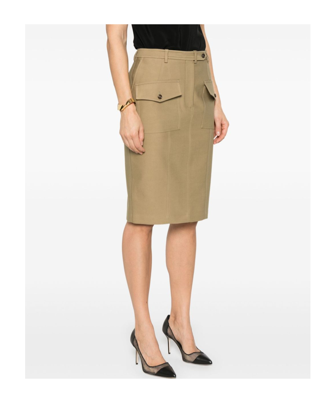 Tom Ford Stretch Cotton Twill Midi Skirt In Nude