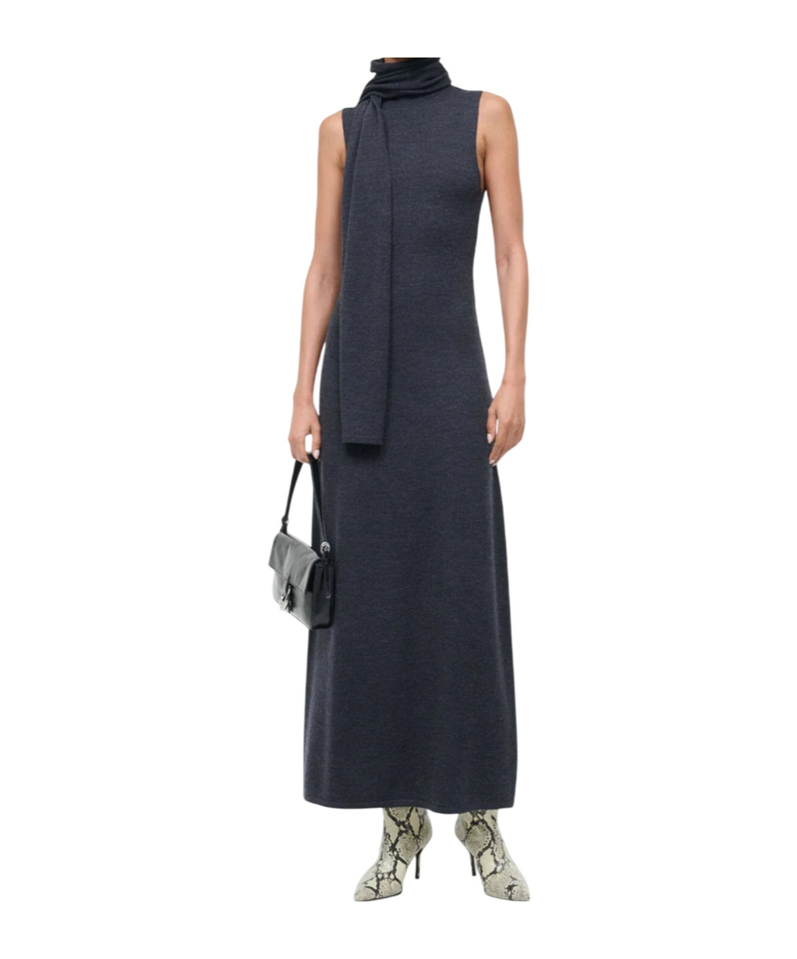 Staud Fitted Midi Dress Scarf Detail In Gray