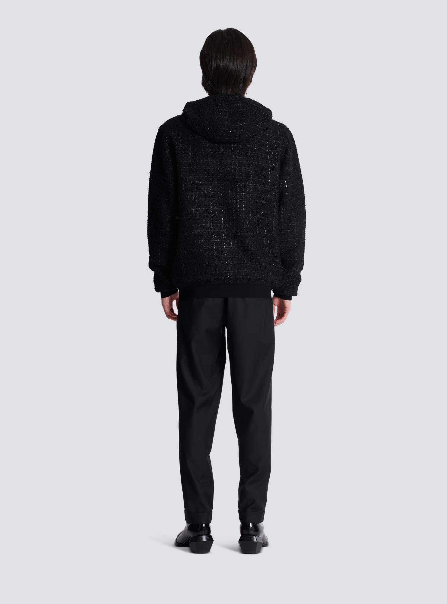 Shop Balmain Tweed Hooded Jacket In Black