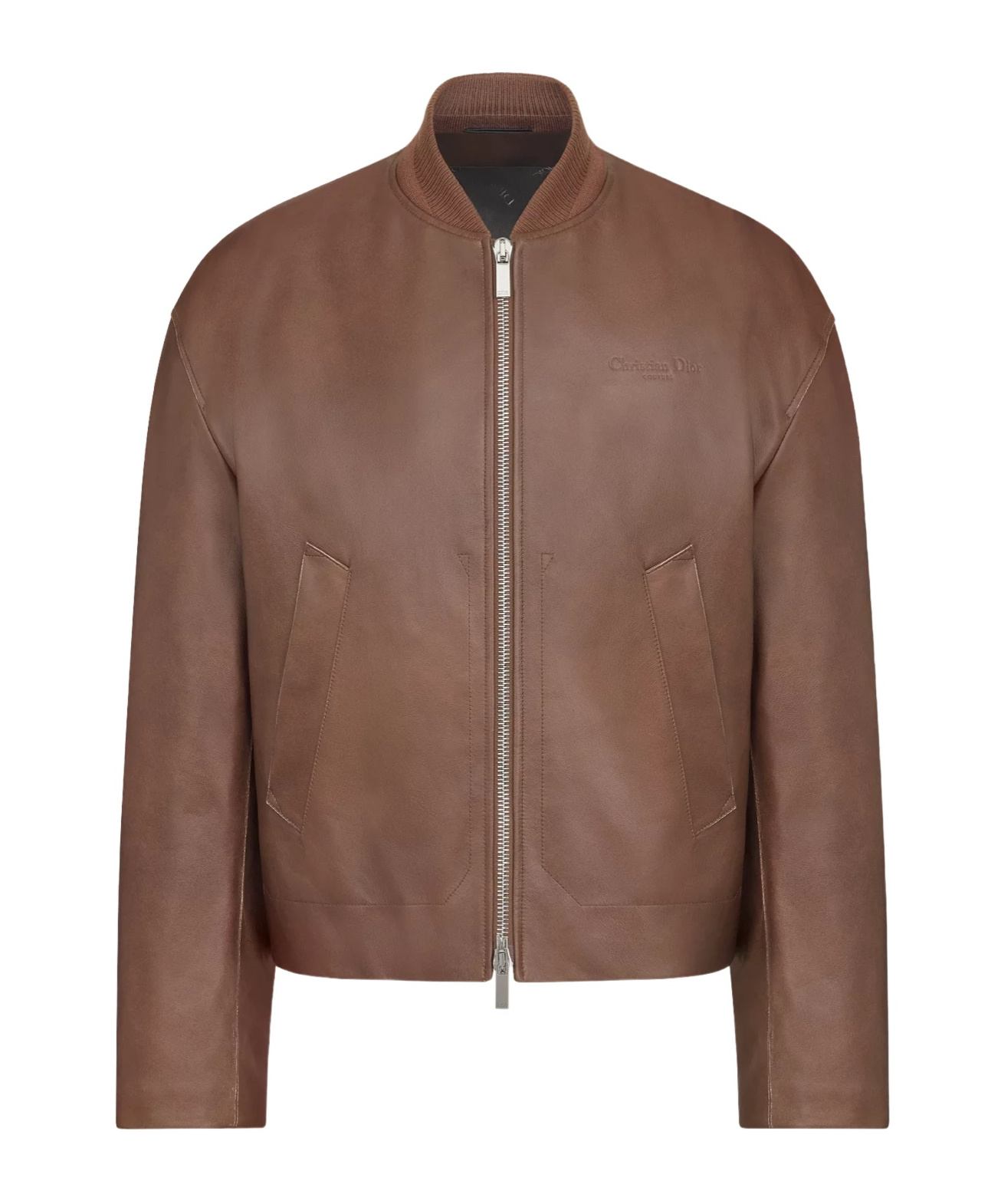 Dior Zippered Long-sleeved Leather Jacket In Brown