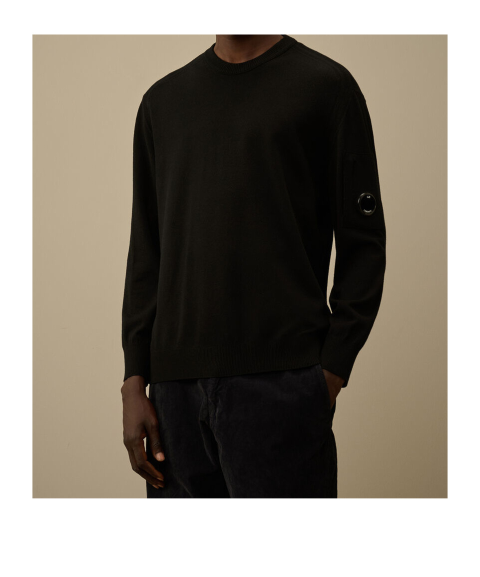 C.p. Company Merino Wool Crewneck Sweater Featuring Pockets In Black