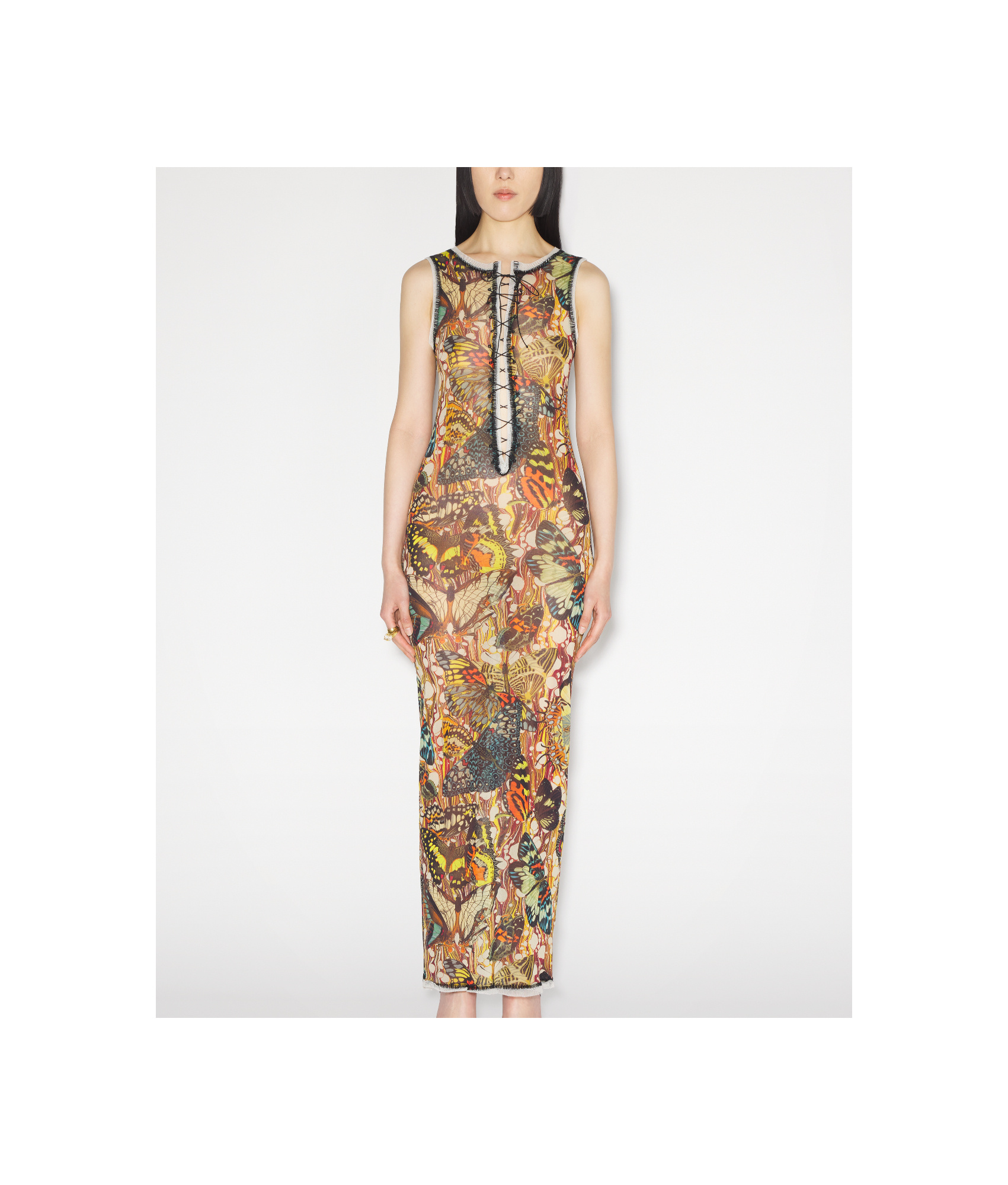 Jean Paul Gaultier Printed Lace-trimmed Mesh Maxi Dress In Multicolor