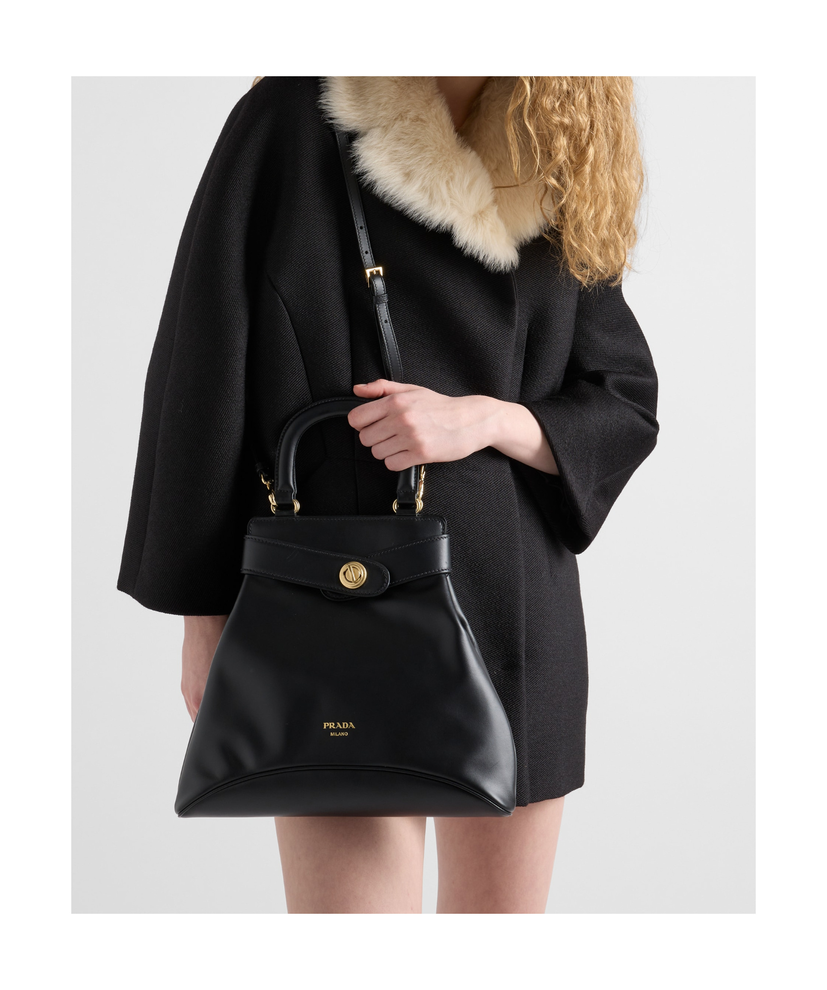 Prada Re-nylon And Leather Medium Top-handle Bag With Padlock In Black