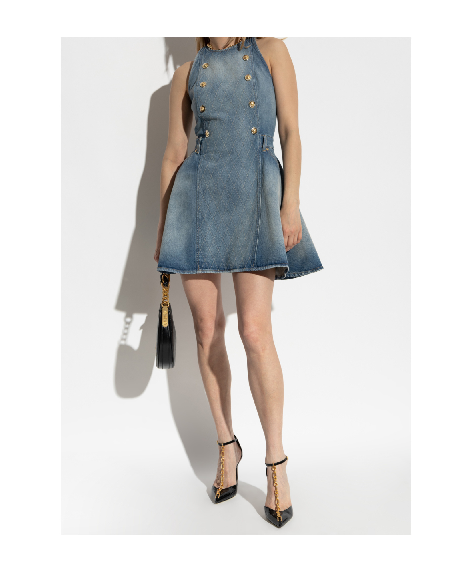 Balmain Button-embellished Denim Dress In Blue