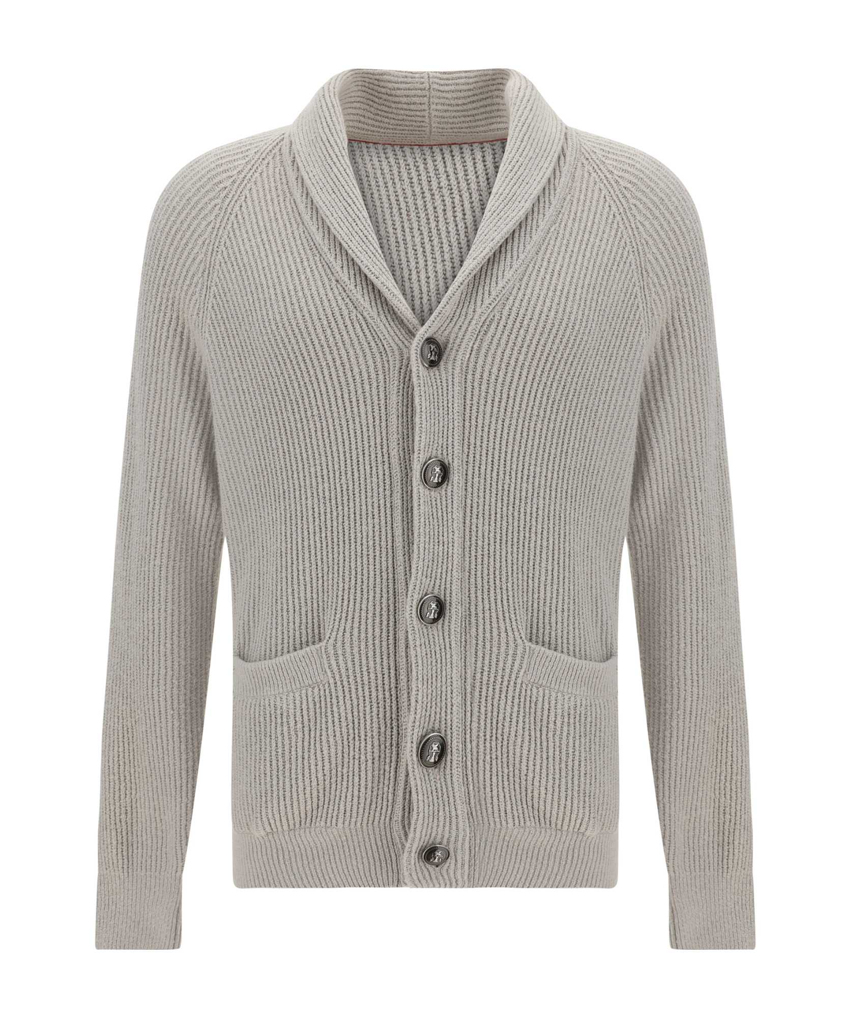 Brunello Cucinelli Ribbed Cotton Shawl Collar Cardigan In Gray