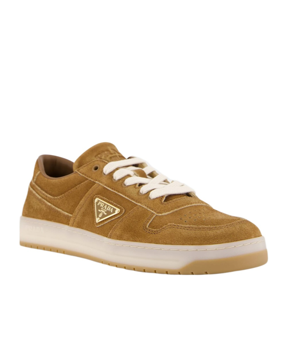 Prada Downtown Sneakers In Faded Suede In Brown