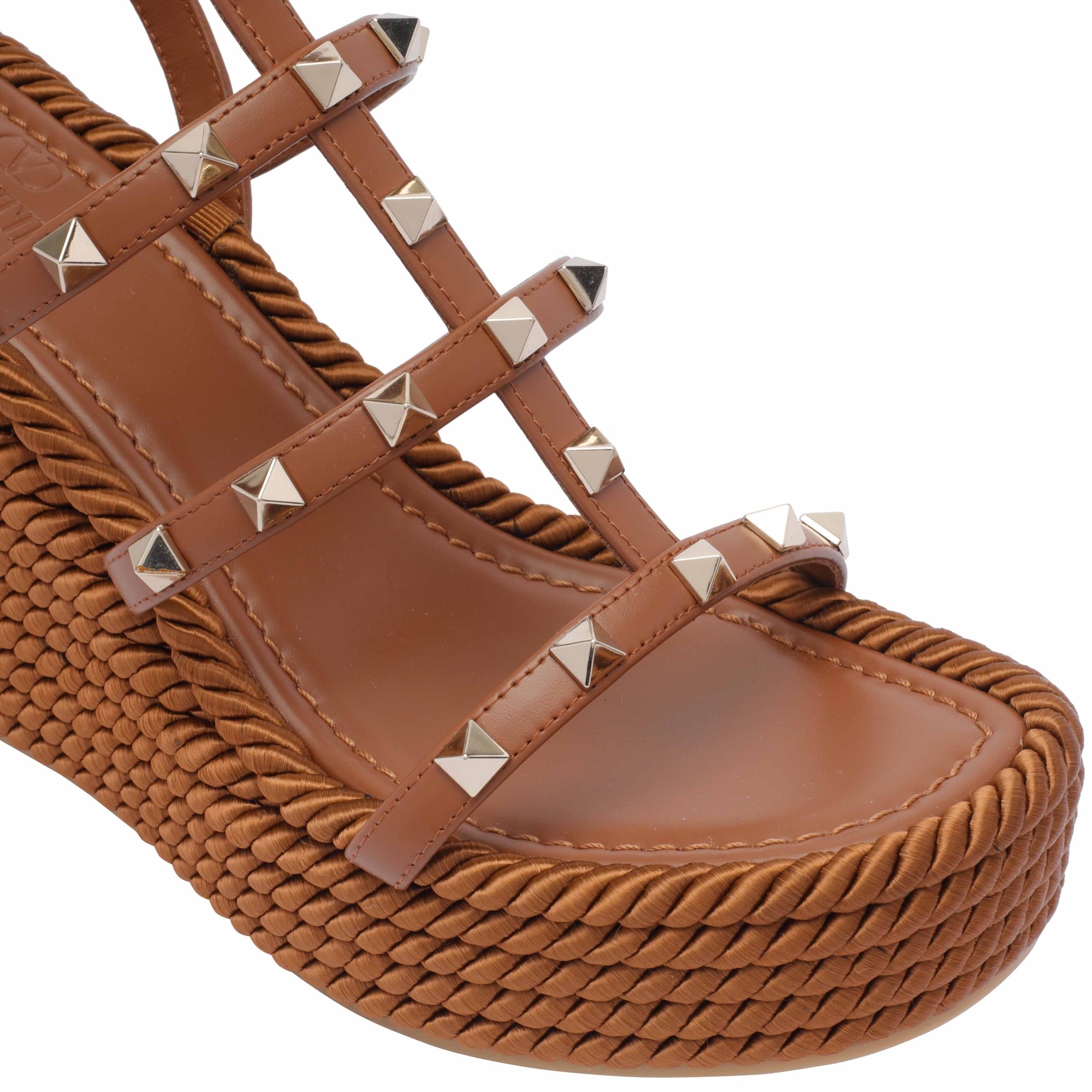 Valentino Rockstud Torchon 105 Leather Espadrille Wedge Sandals In Brown