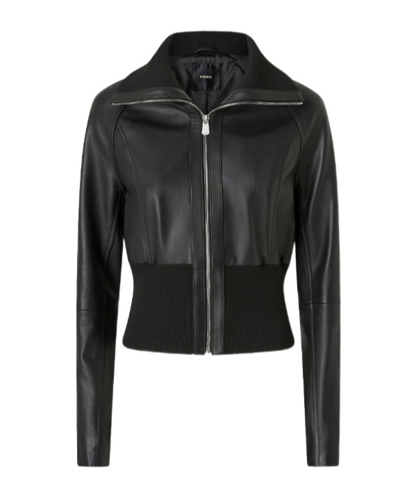 Pinko Short Nappa Leather And Knit Jacket In Black