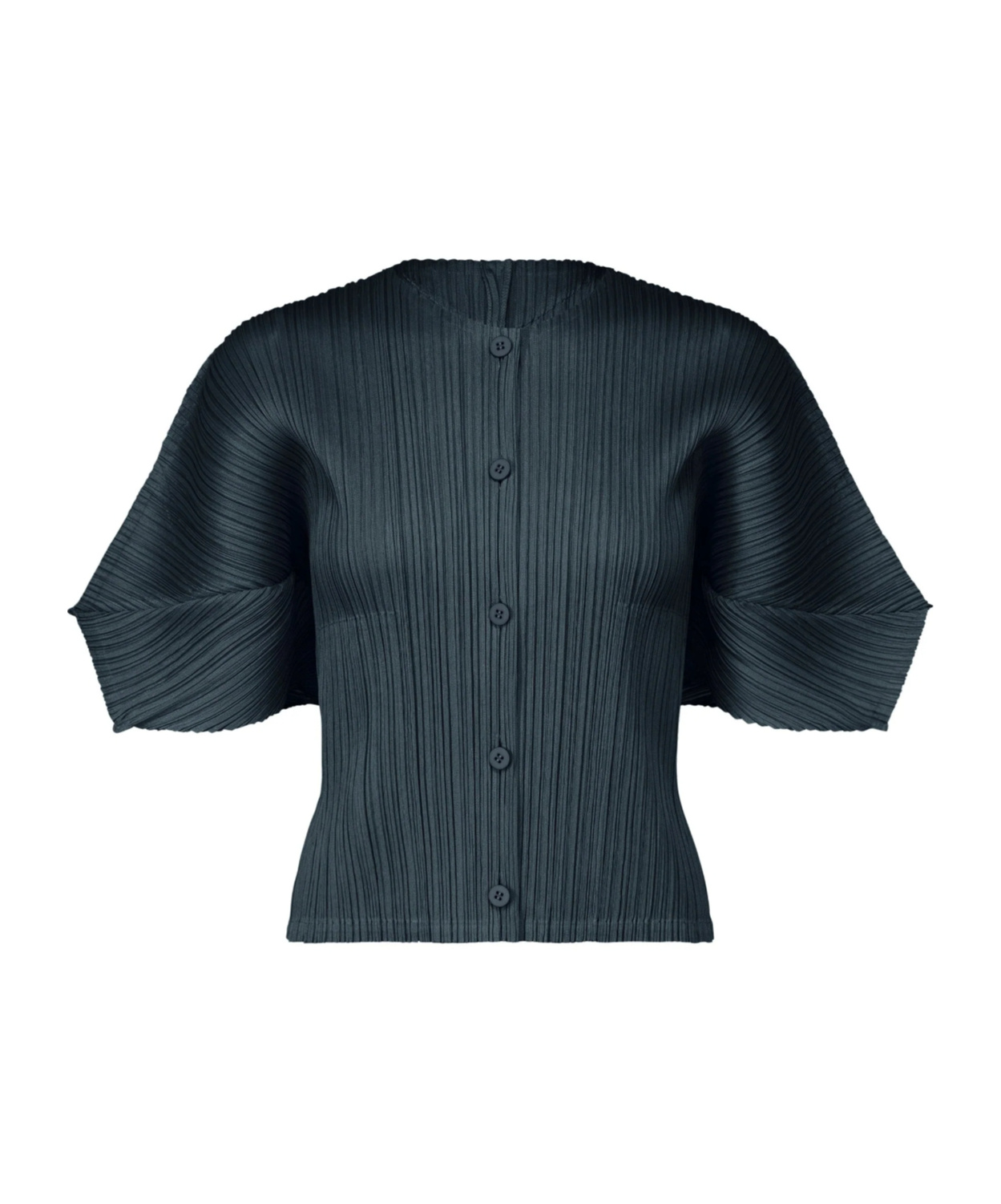 Issey Miyake Round-neck Greyish Navy Pleated Button-front Cardigan In Multi