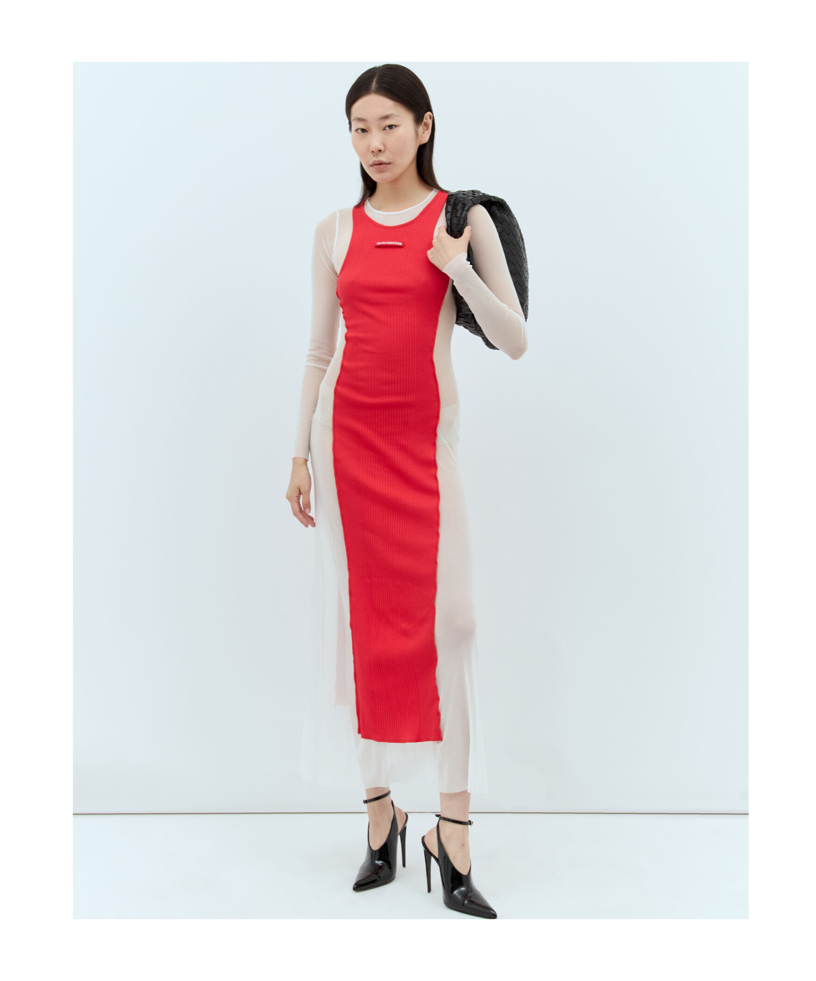 Jean Paul Gaultier Layered Ribbed Cotton-jersey And Mesh Maxi Dress In Red