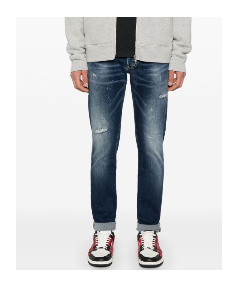 Dondup Indigo Blue Trousers With Distressed Finish And Classic Five-pocket Design In Blue
