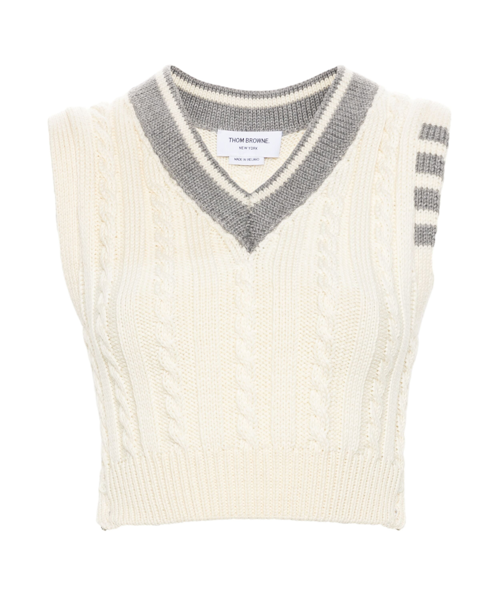 Thom Browne Classic Baby Cable Stitch Cropped V Neck Pullover In White