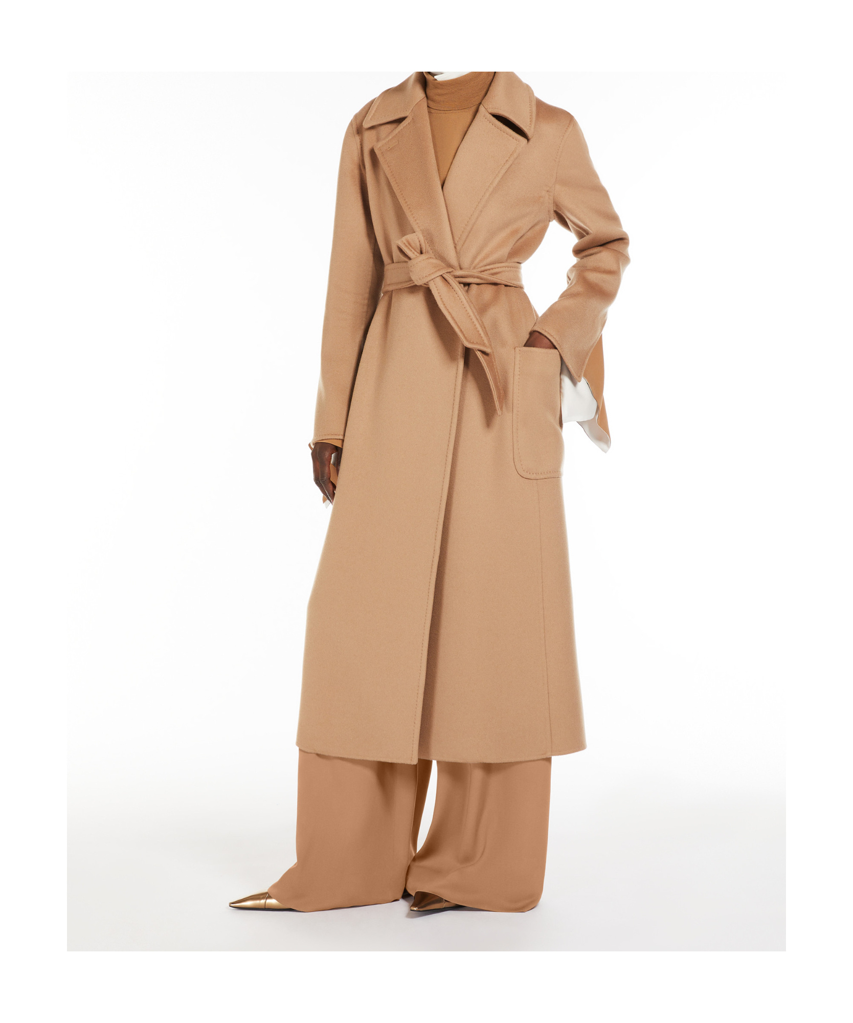 Max Mara Dove Grey Long Coat With Belted Waist And Classic Lapel In Nude