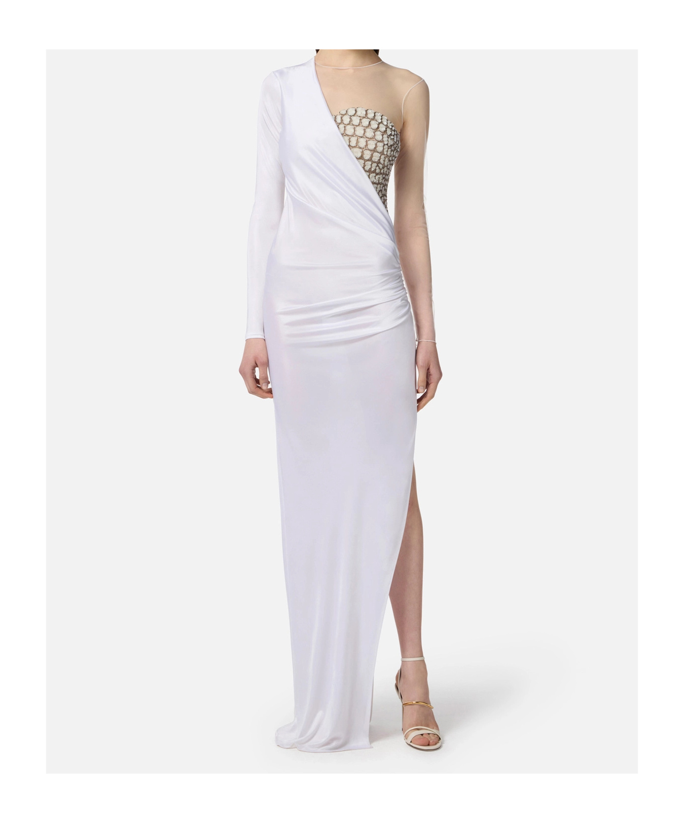 Elisabetta Franchi Red Carpet Tulle And Jersey Dress With Crocodile-effect Embroideries In White