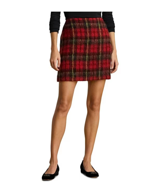 Ralph Lauren Mohair Plaid Pencil Mini Skirt In Brown