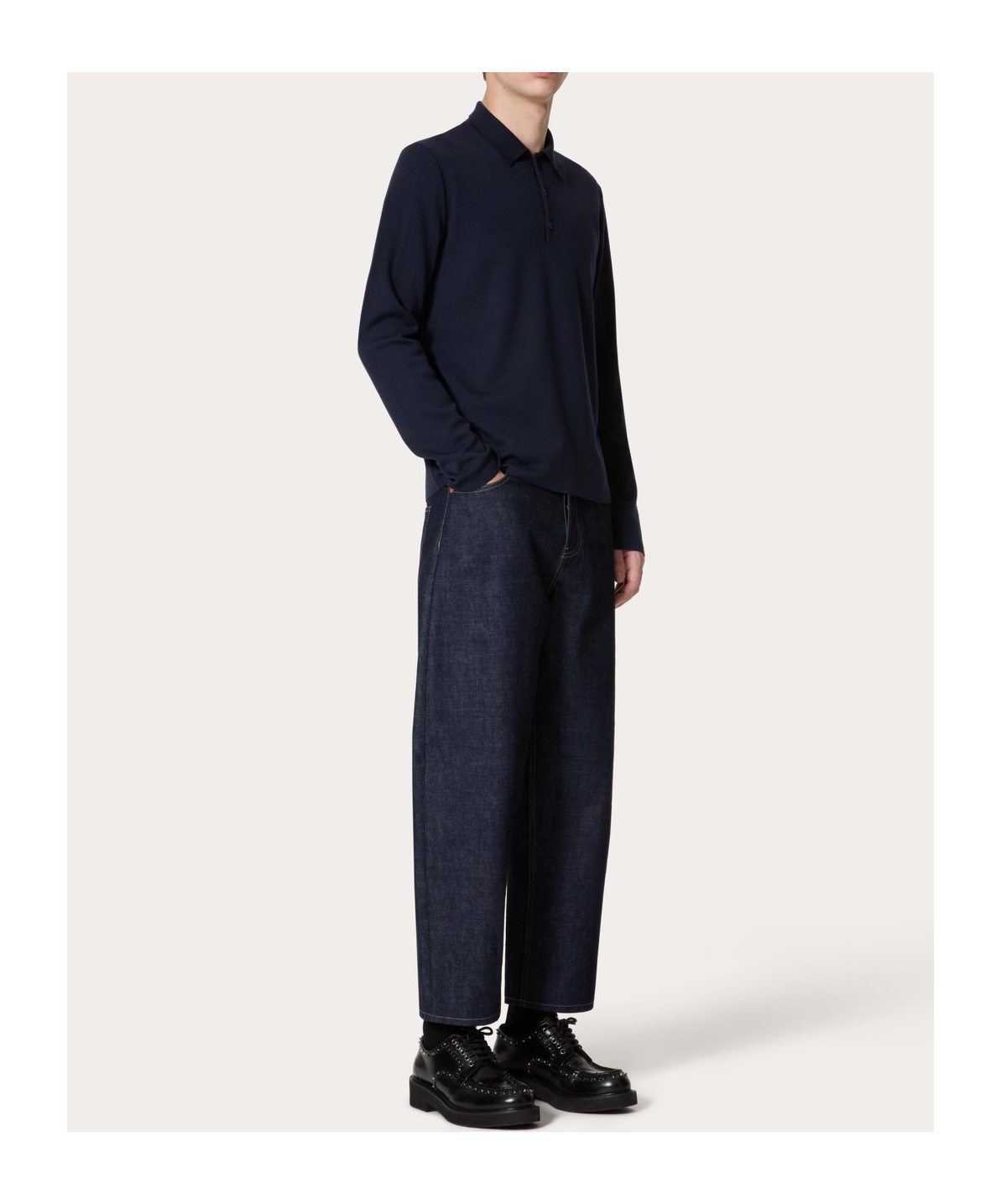 VALENTINO LONG-SLEEVE WOOL POLO SHIRT WITH VLOGO SIGNATURE EMBROIDERY
