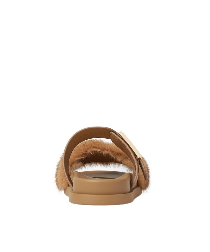 Fendi Light Brown Leather And Mink Slides