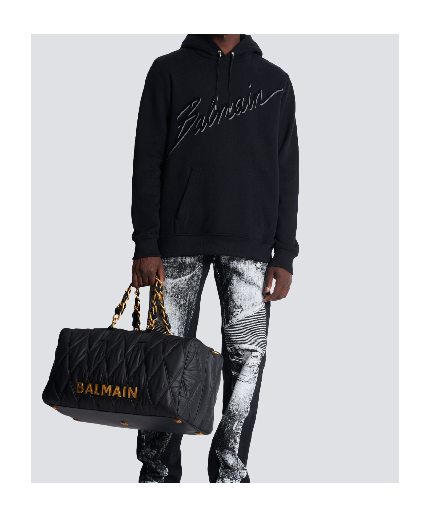 Balmain Cotton Hoodie With Embossed Velvet Logo In Black
