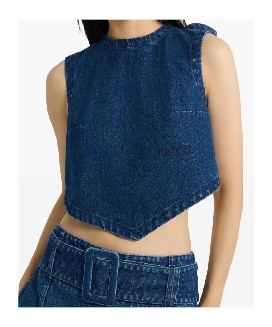 Patou Bow Detail Cropped Denim Top With Open Back In Dark Blue
