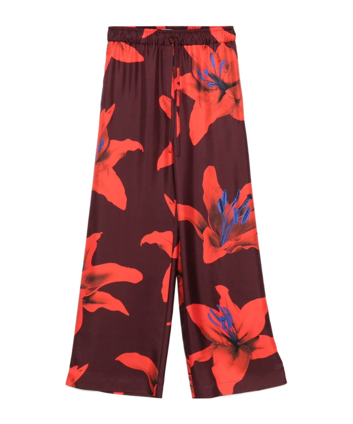 Alexander Mcqueen Wide-leg Silk Twill Trousers With Flame Lily Print In Red
