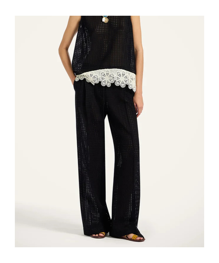 La Doublej Grid-pattern Cotton Trousers In Black