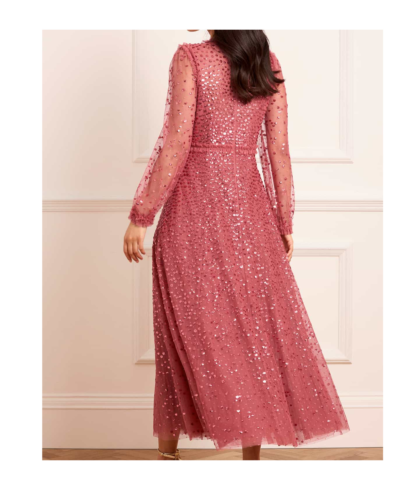 Needle & Thread Dappled Sequin Long Sleeve Ankle Gown In Pink