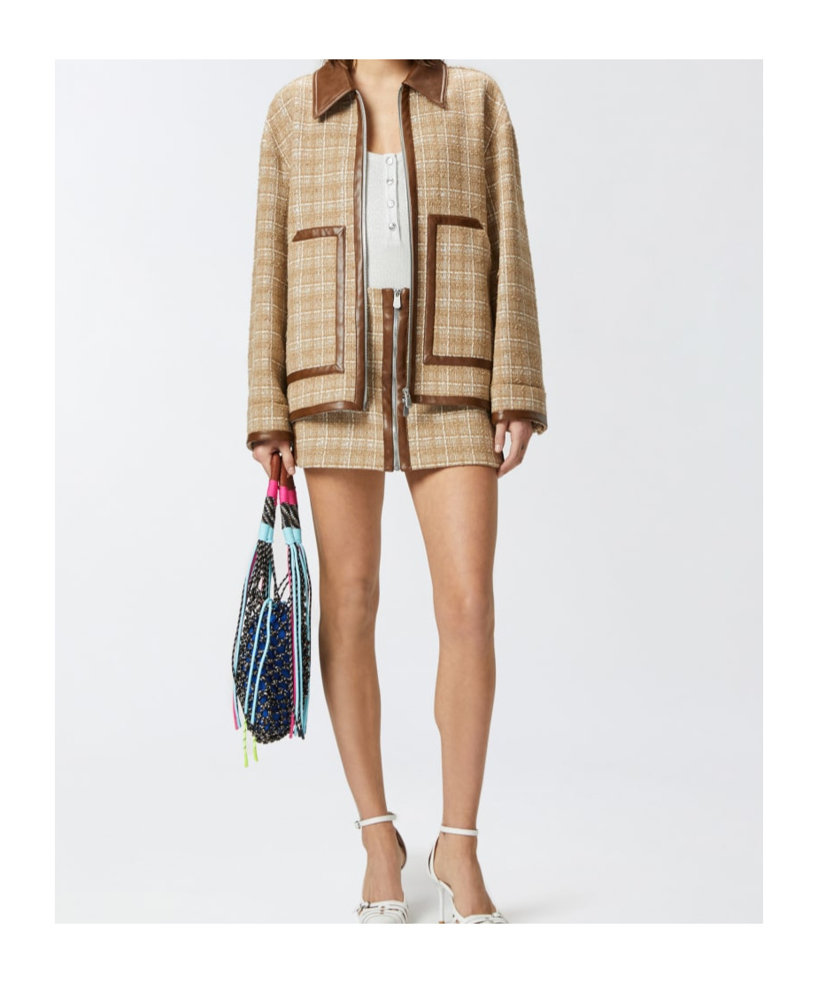 Pinko Tweed Blouson Jacket With Leatherette Details And Zip In Brown