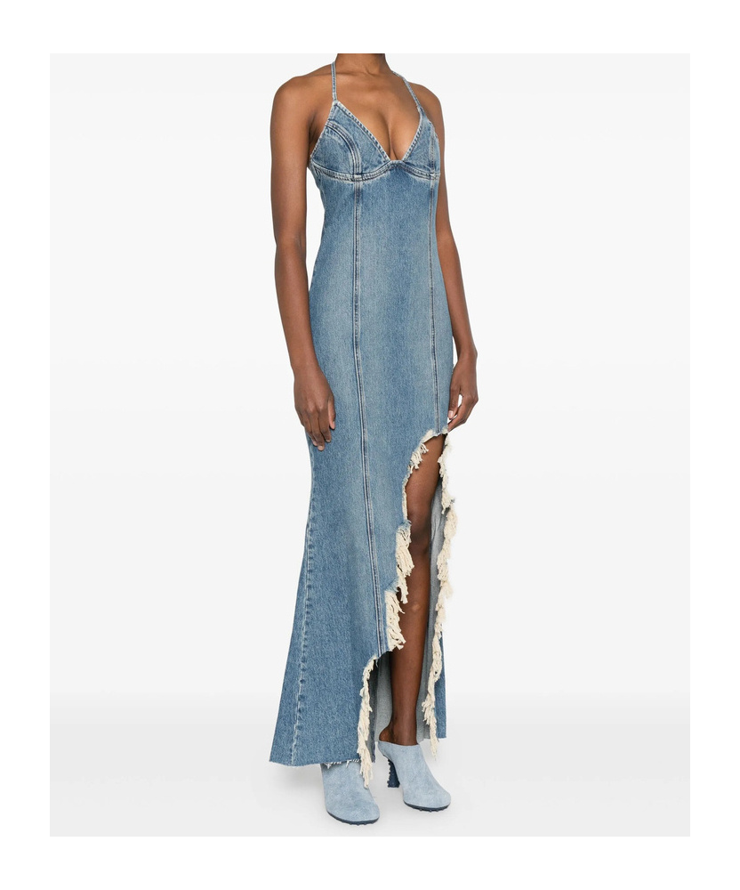 Blumarine Halter-neck Frayed-hem Denim Dress In Blue