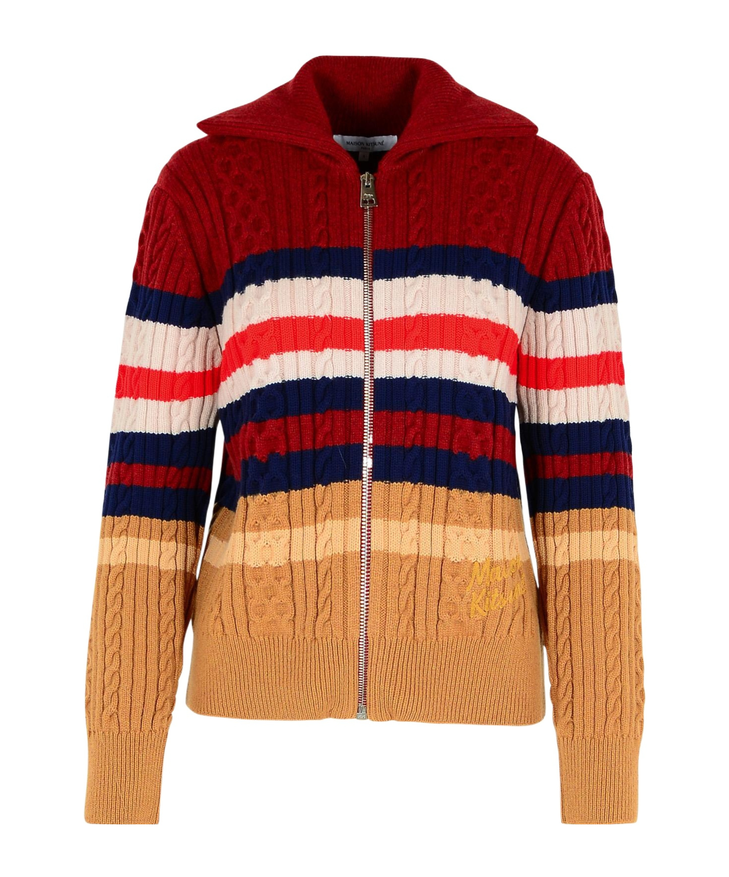 Shop Maison Kitsuné Striped Cable Zipped Cardigan In Brown