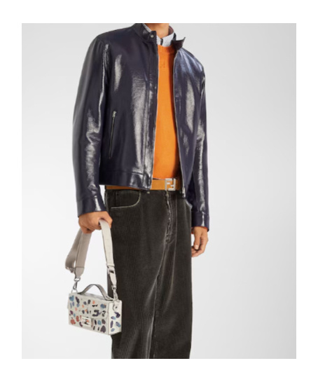 Fendi Leather Jacket Front Pockets Snap Button Cuffs In Blue