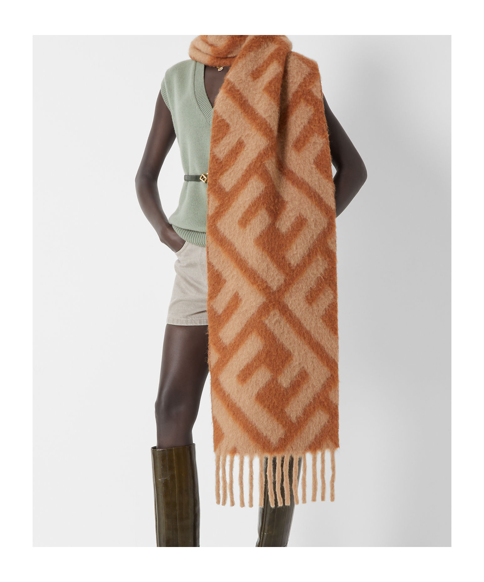 Fendi Brown Ff Alpaca And Wool Scarf In Orange