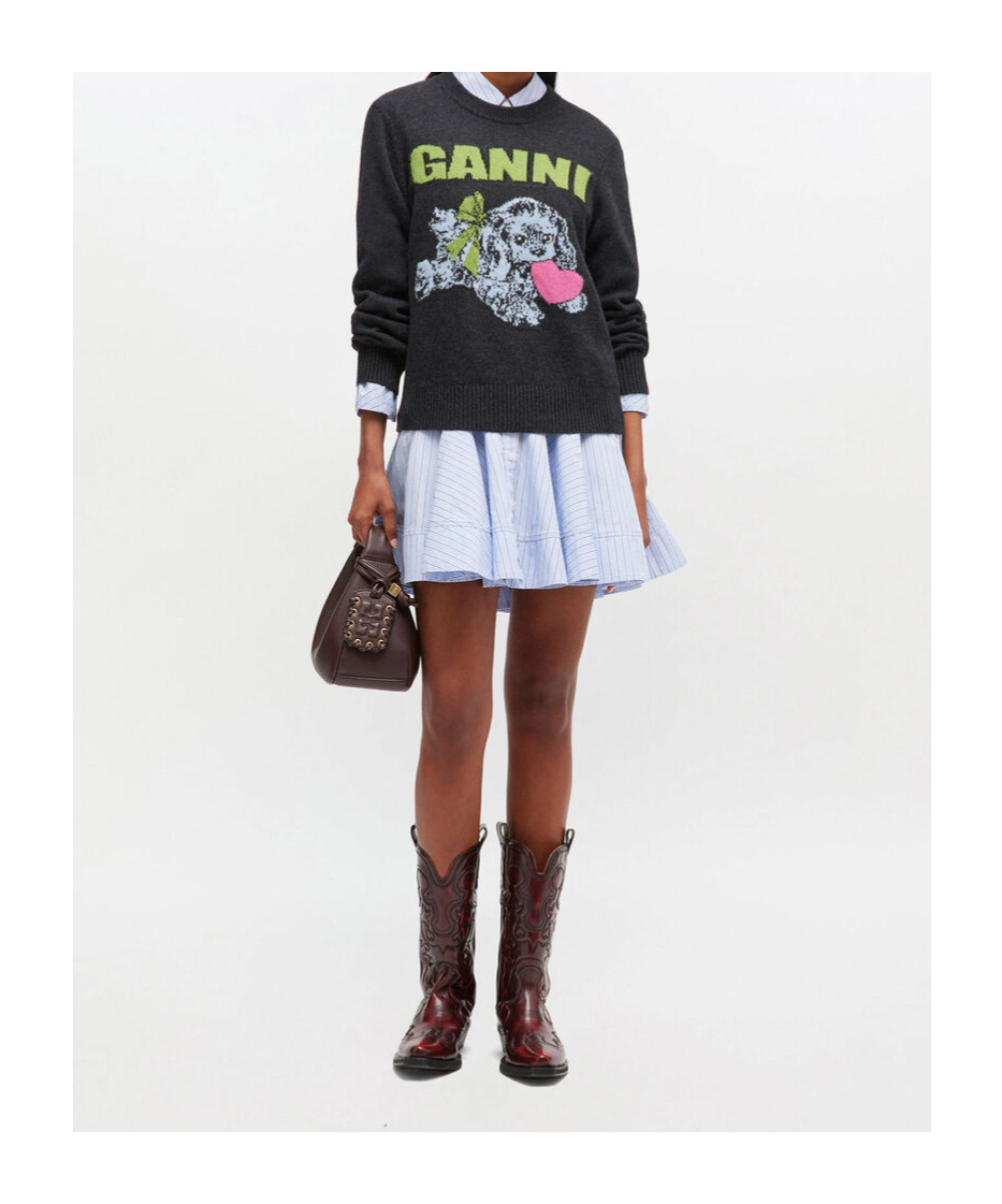 Ganni Playful Puppy Love Graphic Wool Blend Crewneck Sweater In Black