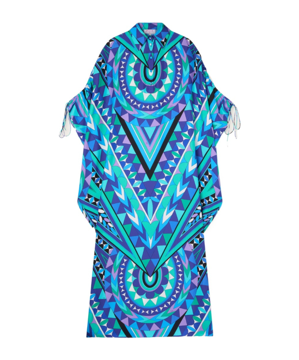 Pucci Manuba Print Silk Kaftan With Draped Sleeves In Blue