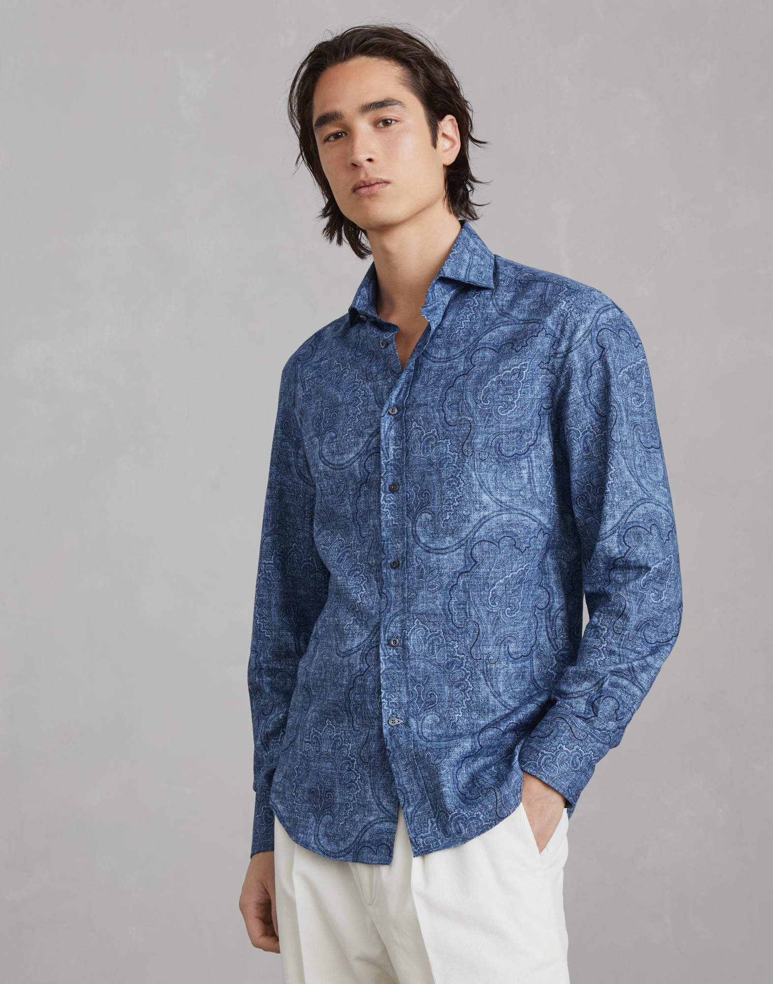 Shop Brunello Cucinelli Patterned Jacquard Cotton Shirt In Blue