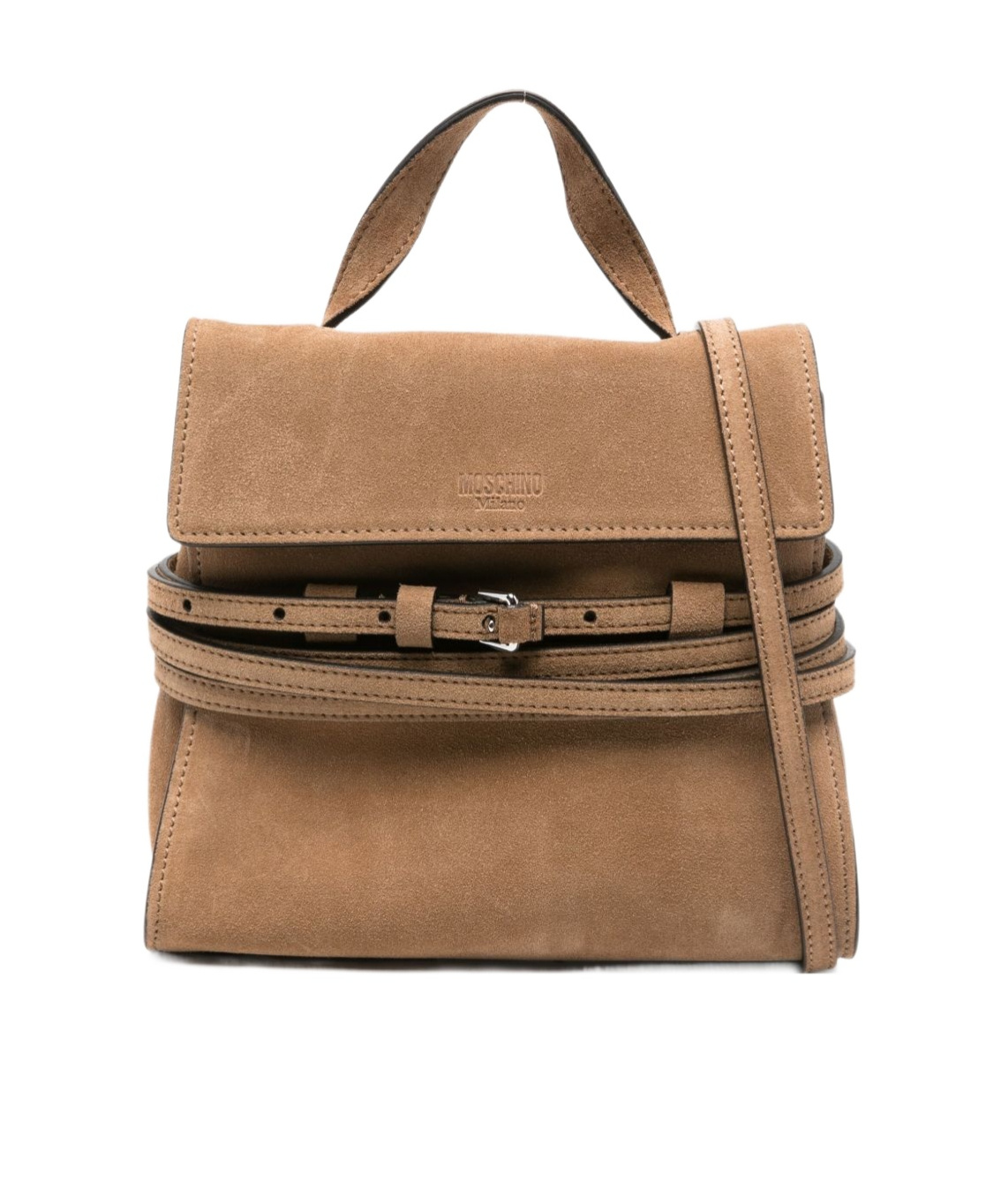 Moschino Small Tie Me Suede Tote Bag In Brown