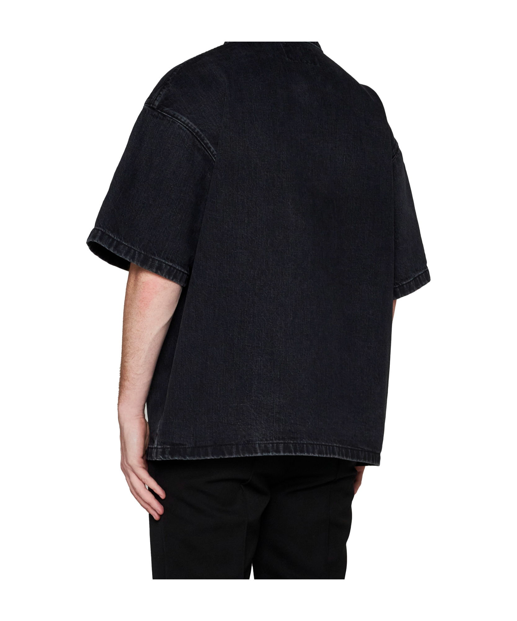 Prada Logo Plaque Short Sleeved Denim Shirt In Black