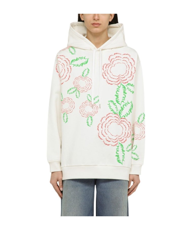 Shop Marni White Cotton Hoodie With Poppies
