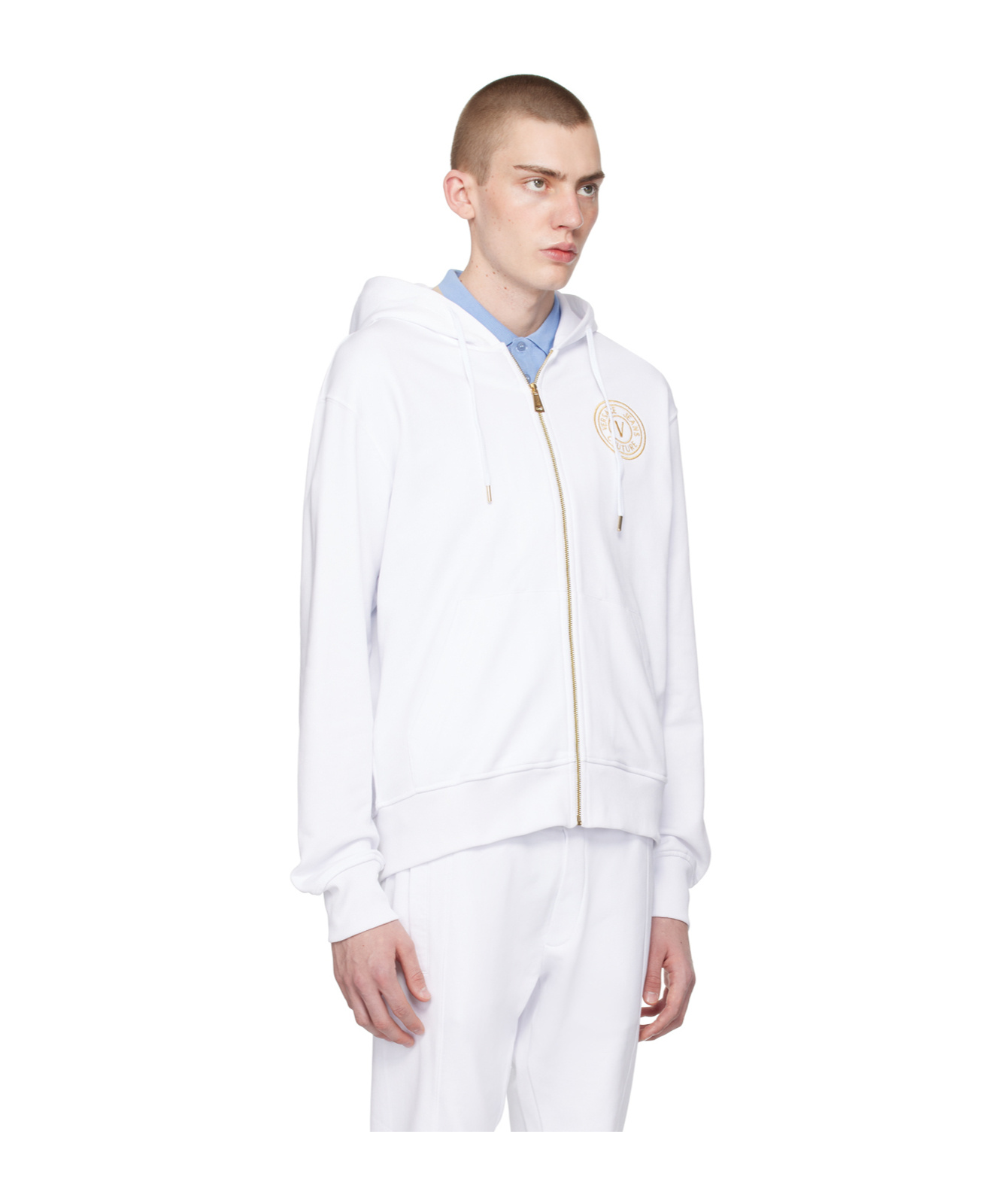 Shop Versace Jeans Drawstring Hooded Hoodie In White